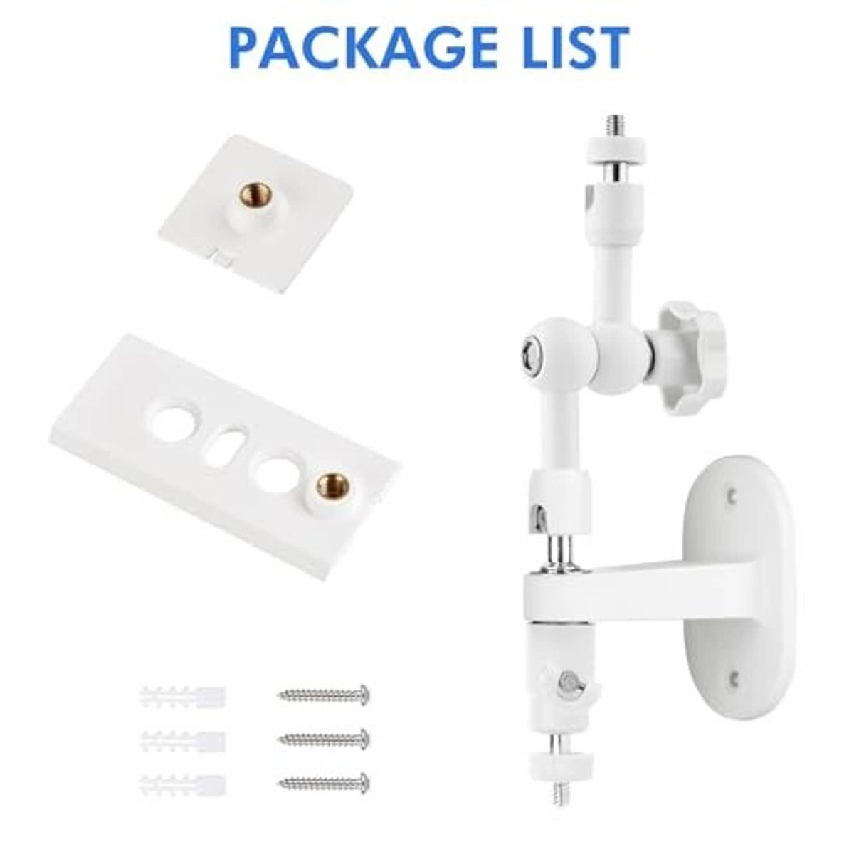 Wall mount kit parts: mounting brackets, connectors, and adjustable pole