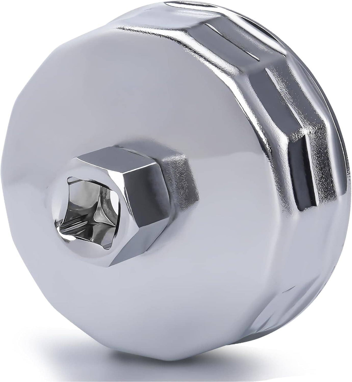 Chrome oil filter cap wrench socket tool with hex drive and fluted rim