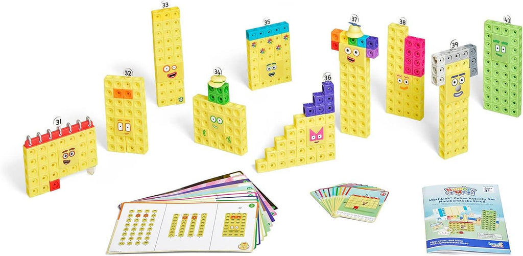 Numberblocks Mathlink cubes activity set showing small cube towers and instruction cards