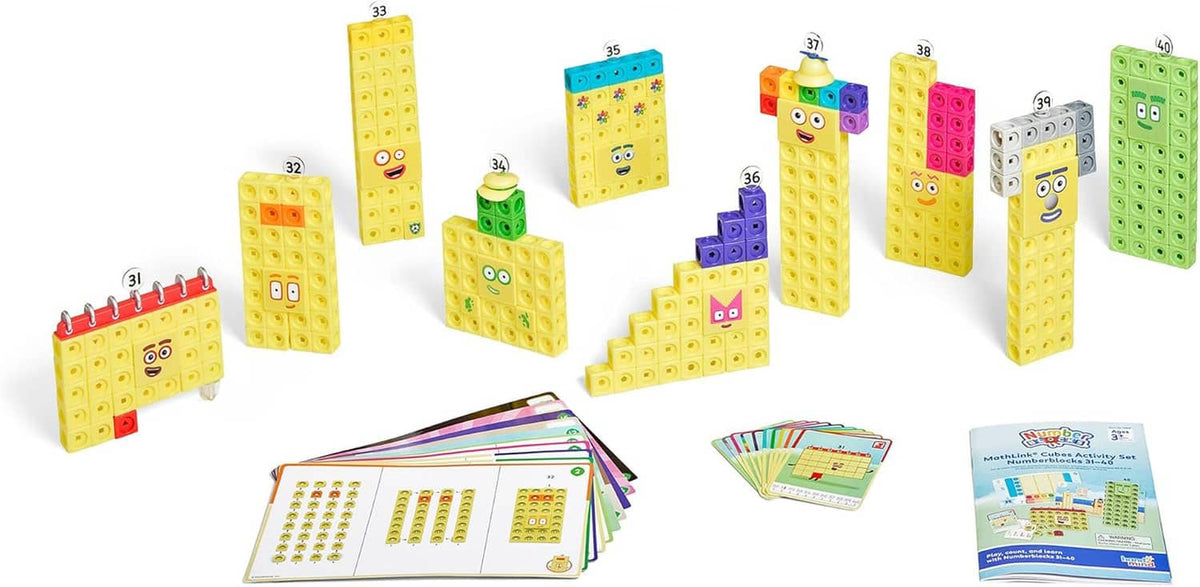 Numberblocks Mathlink cubes activity set showing small cube towers and instruction cards