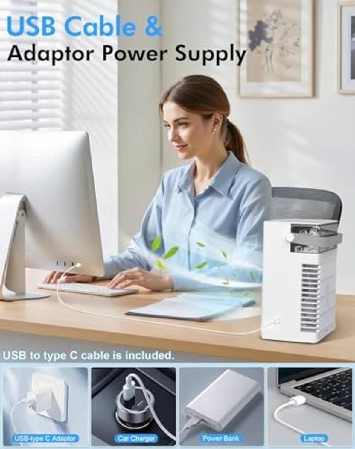 Gray personal mini air conditioner with USB cable and power adapter for charging