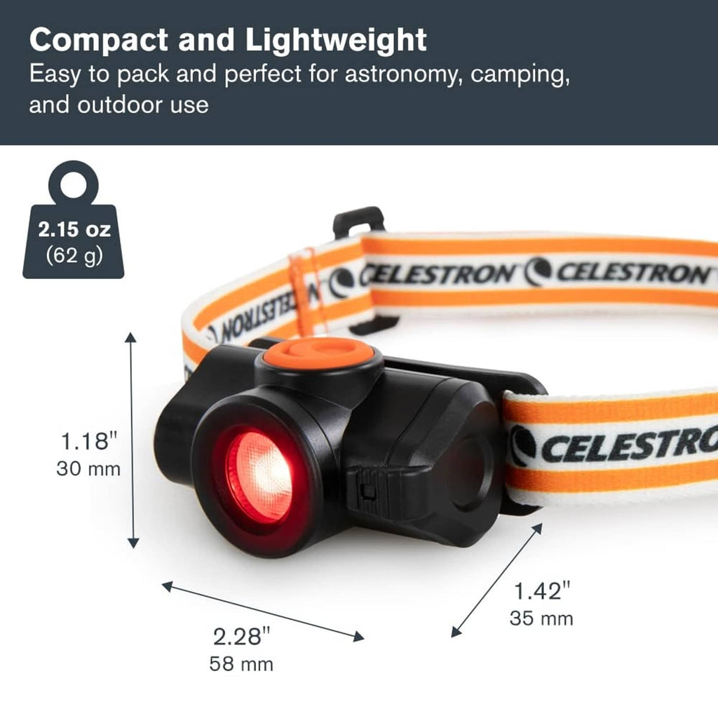 Night vision headlamp compact design, black housing with orange strap and red LED