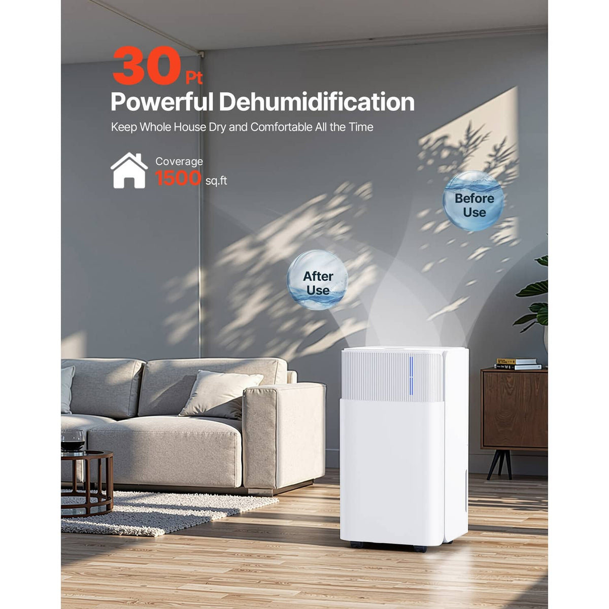 White 30-pint dehumidifier on floor with blue indicator strip