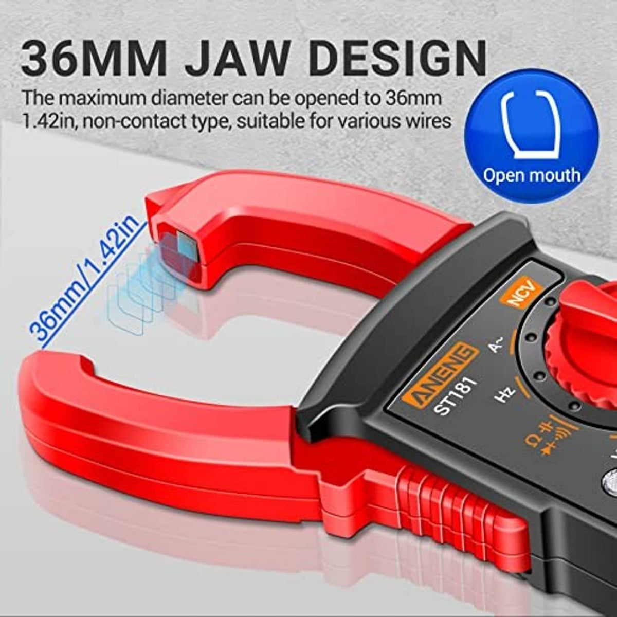 Red and black clamp meter featuring 36mm jaw opening design for wires