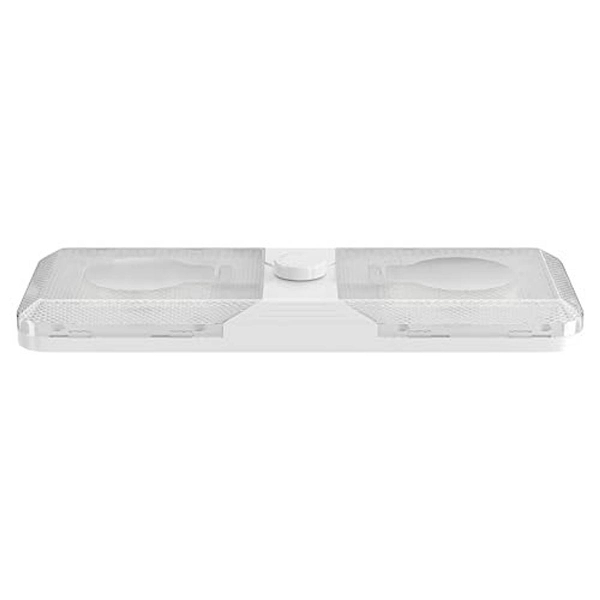Double dome LED ceiling light fixture with two frosted lenses and central white dimmer knob underside