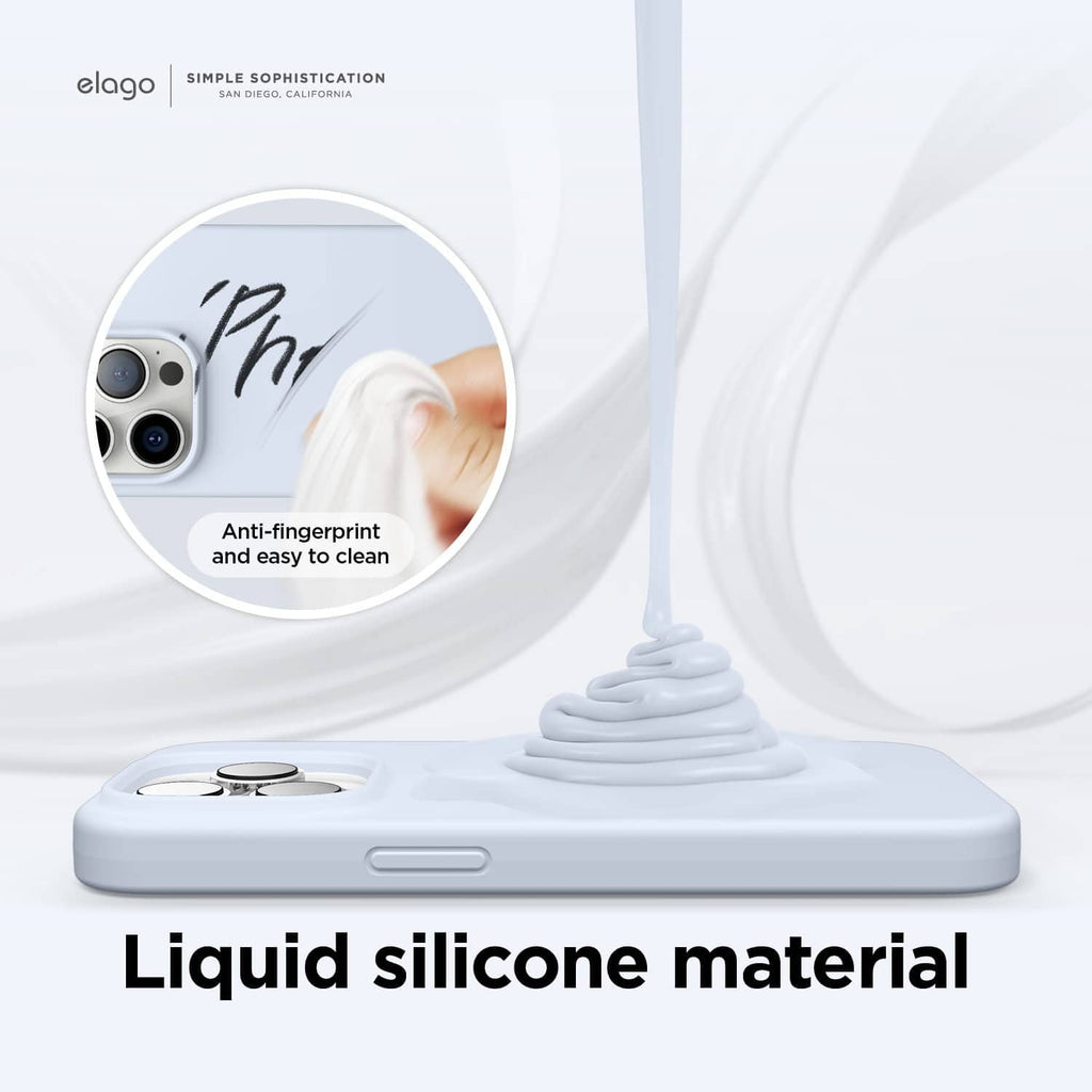 Light blue liquid silicone case with anti-fingerprint and easy-to-clean feature highlight