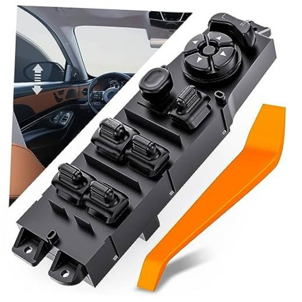 Power window switch panel with black housing and four control buttons, mounting tabs
