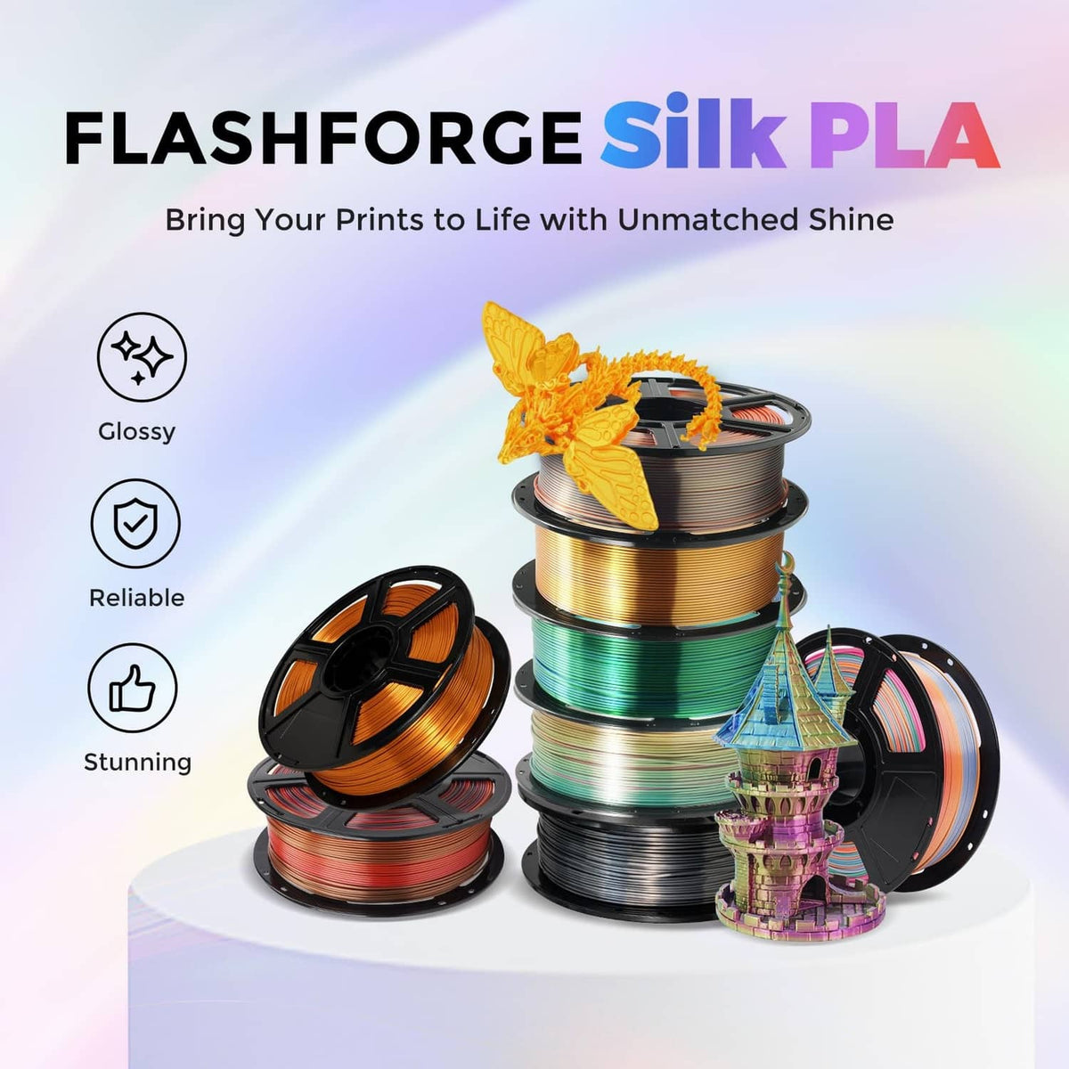 Copper silk PLA filament spools with coiled filament sample and stacked reels
