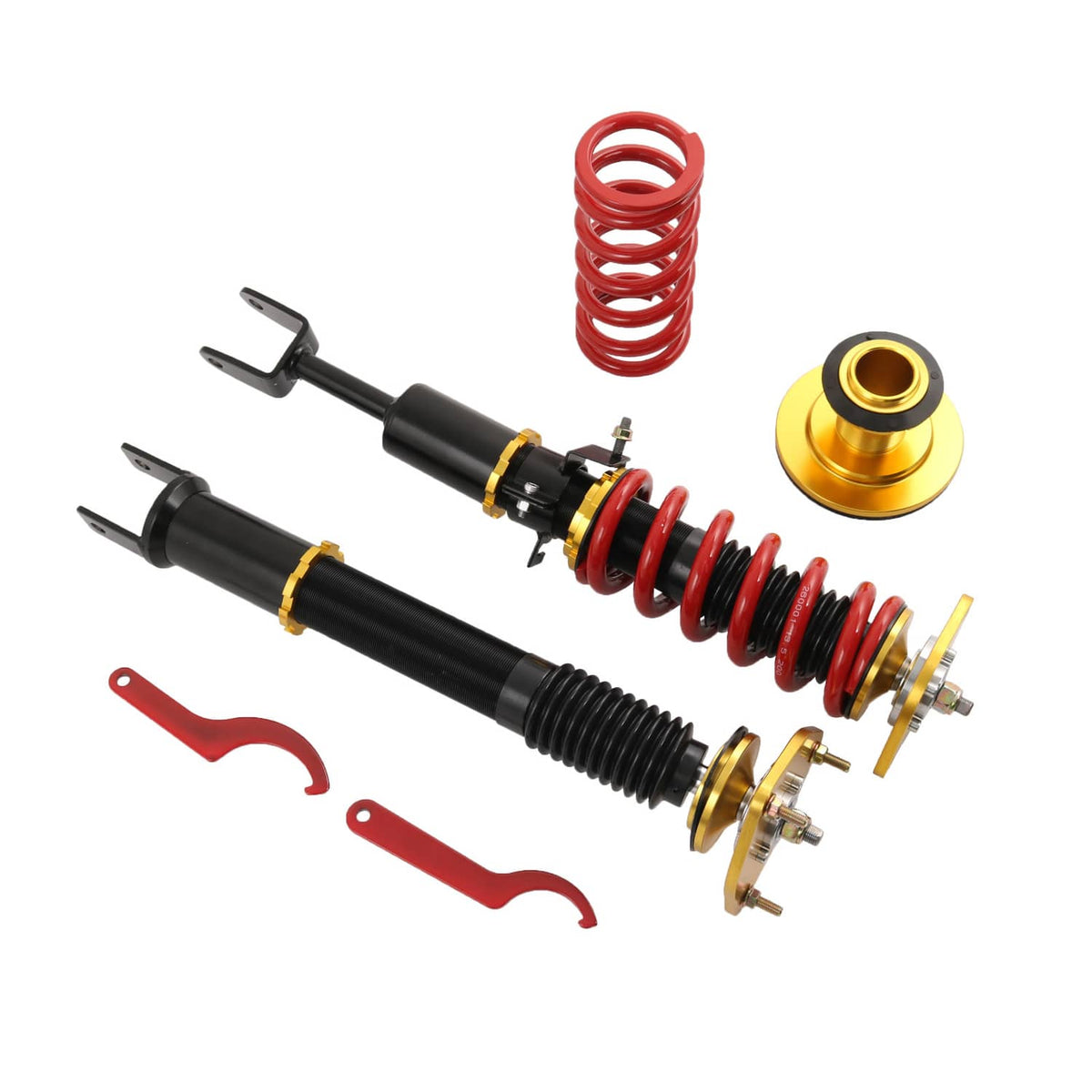Coilover shocks with red coil springs, black dampers, gold mounts, and red clips