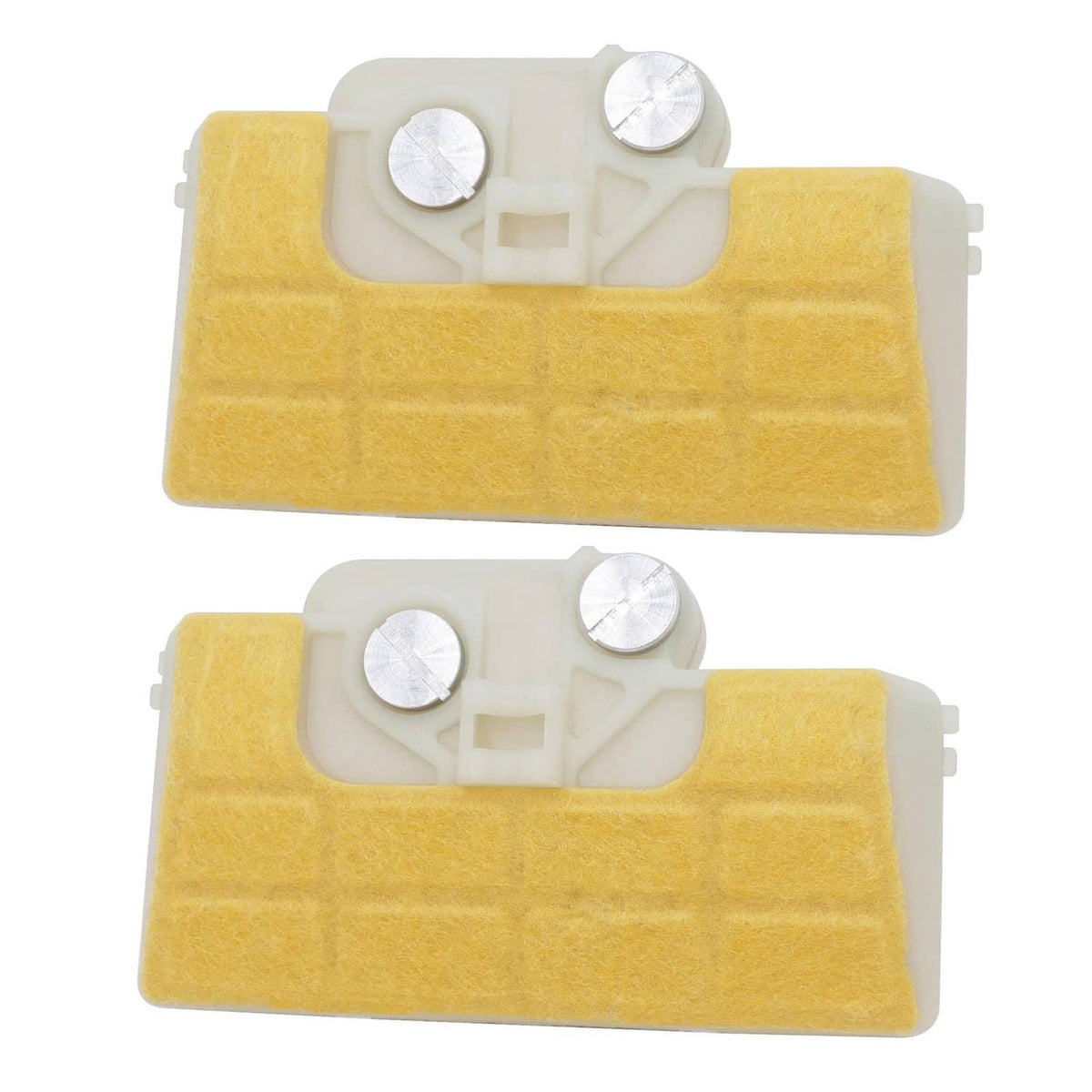Pack of 2 air filter cleaners with yellow foam pads and white plastic housings