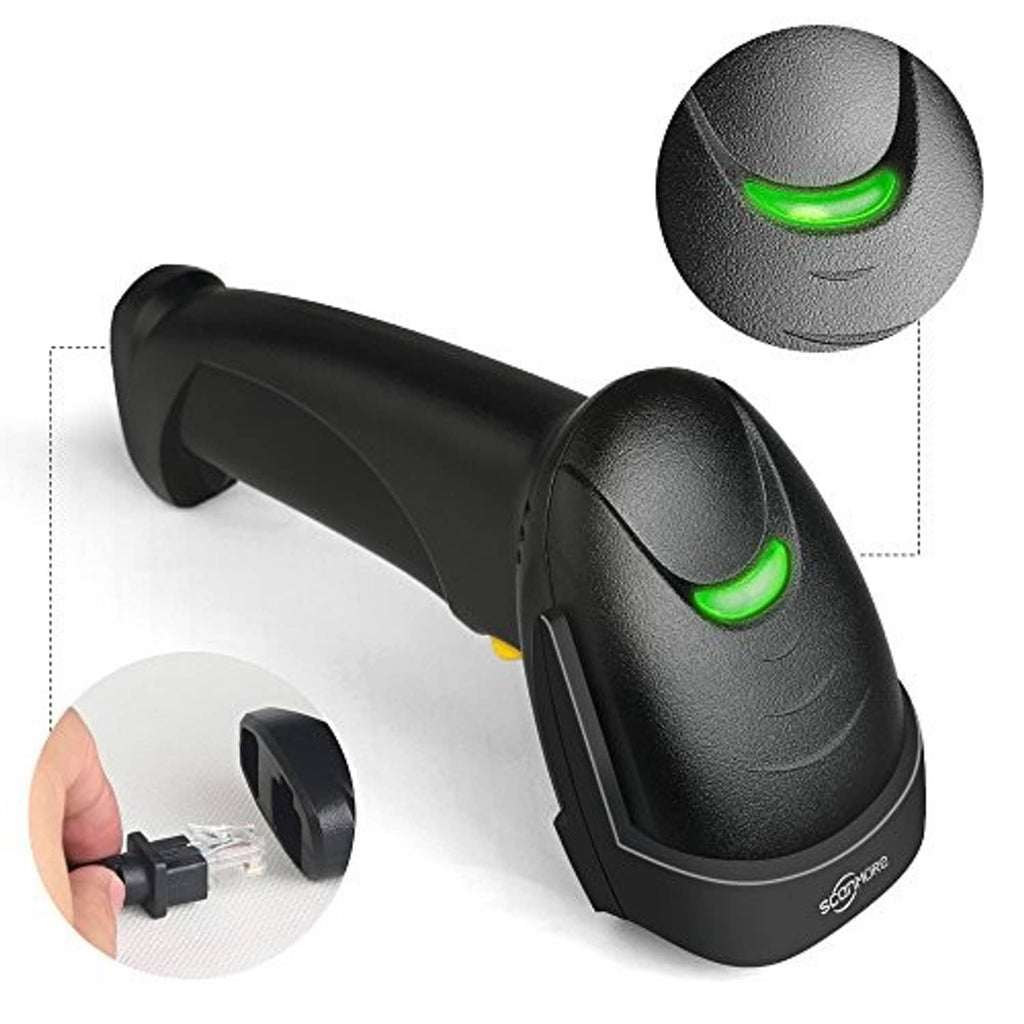 Handheld barcode scanner with green indicator lights and visible USB cable connection