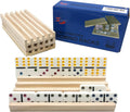 Wooden domino rack set of four slotted trays with white domino tile rows and colored pips