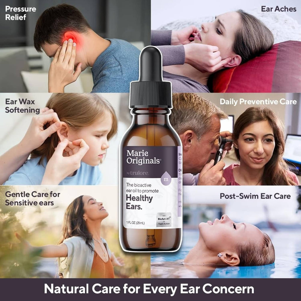 Marie Originals ear drops bottle with family ear-care graphic, 1 fl oz