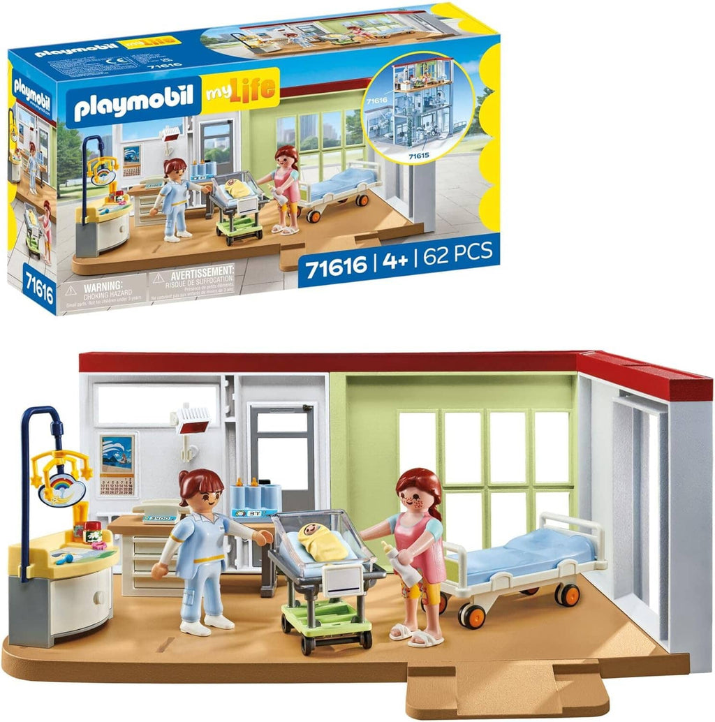 Playmobil maternity ward playset showing hospital room entrance, beds, and figures