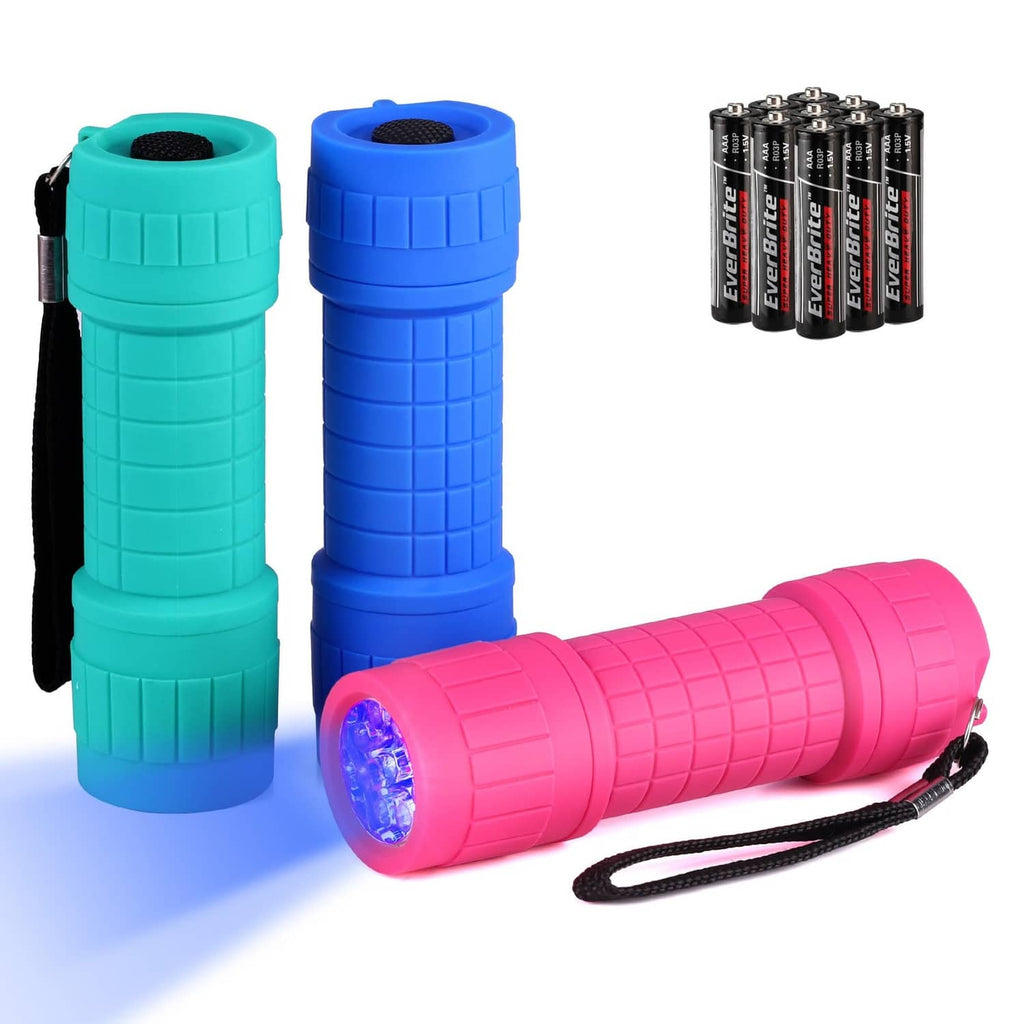 3-pack mini UV blacklight flashlights in teal, blue, and pink cylindrical housings