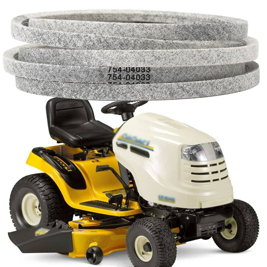 Gray deck V-belt on a yellow and white riding mower body