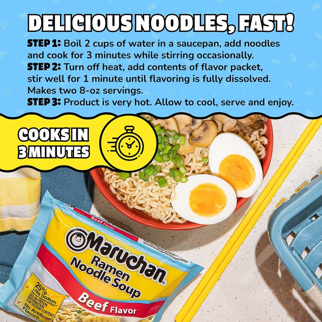 Cooking steps graphic for Maruchan ramen noodle soup beef flavor, cooks in 3 minutes