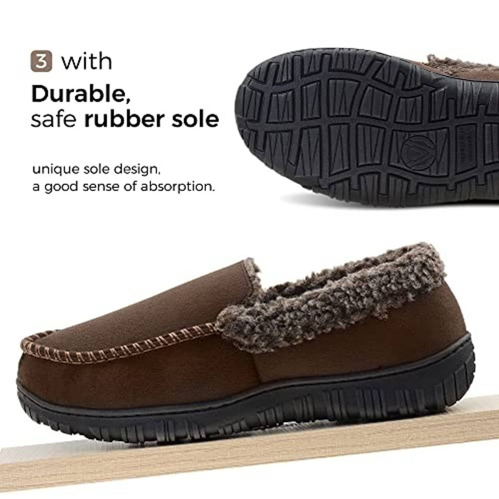 Brown moccasin slippers with fuzzy lining and durable treaded rubber outsole