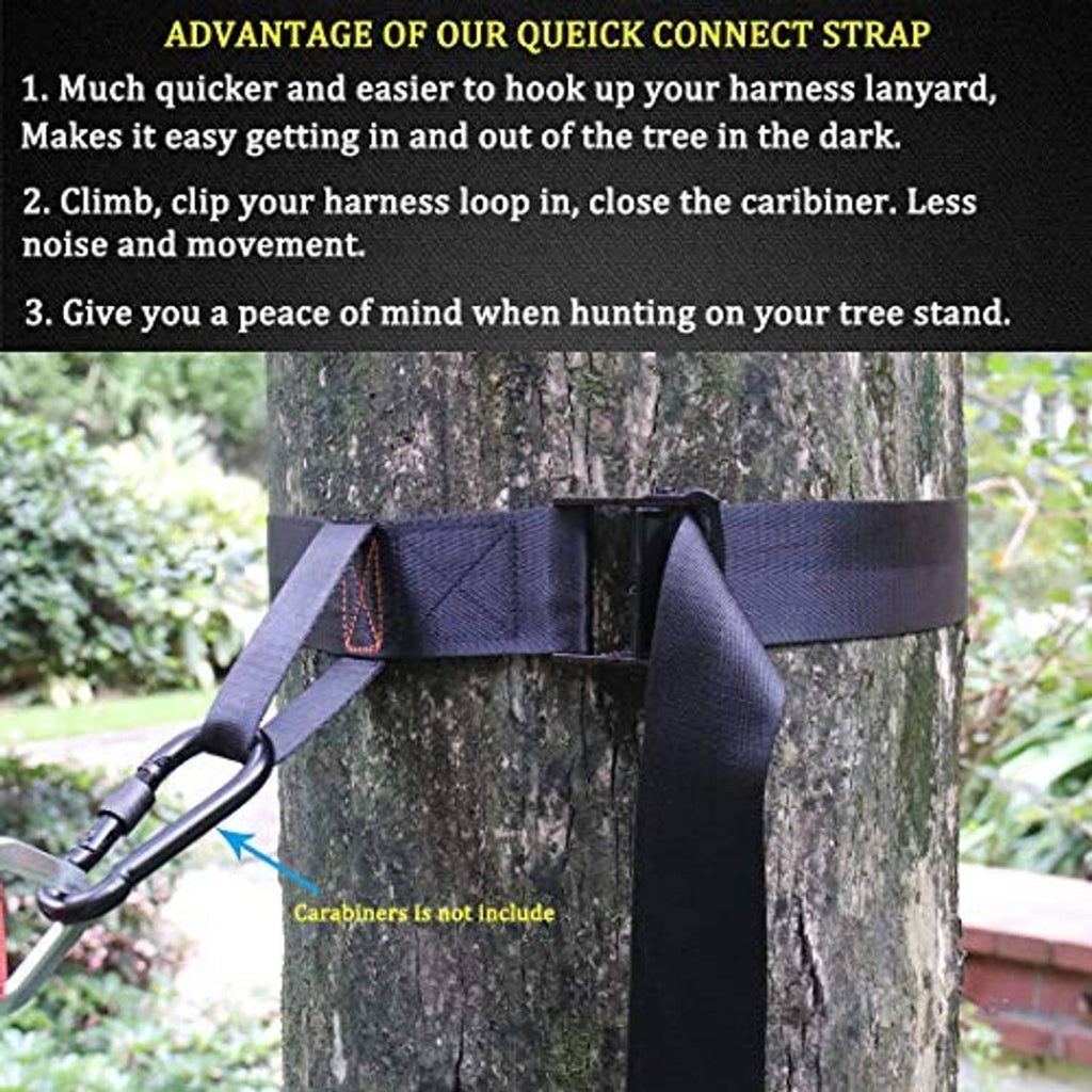 Navy tree strap cinched on tree trunk with orange-stitched triangular pull loop