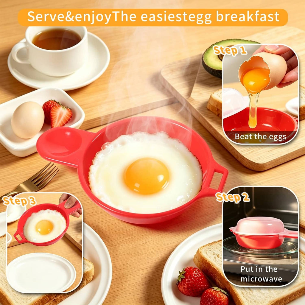 Red microwave omelet maker with pink dome lid shown with cracked egg inside