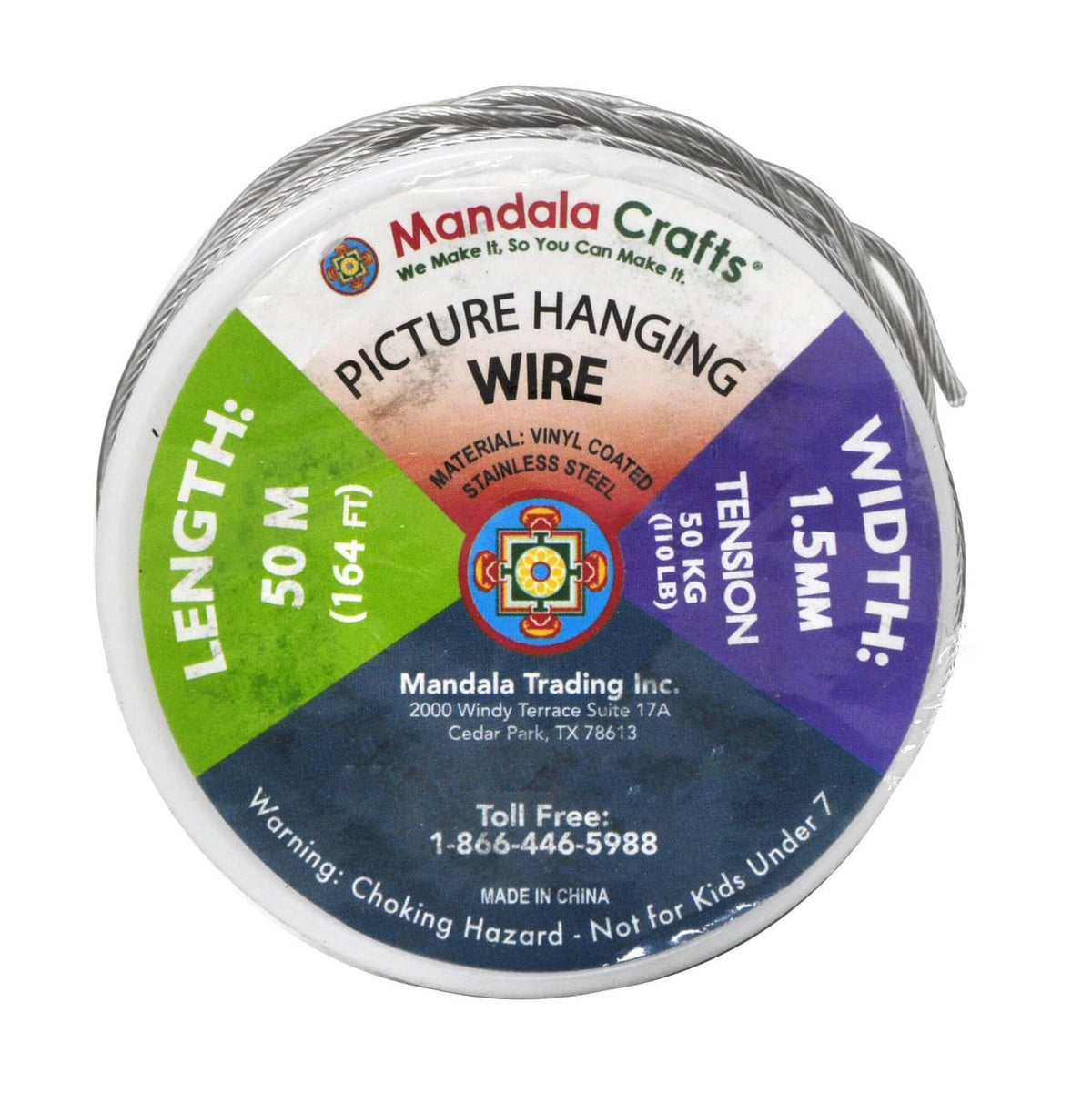 Picture hanging wire roll with circular label showing vinyl-coated stainless steel