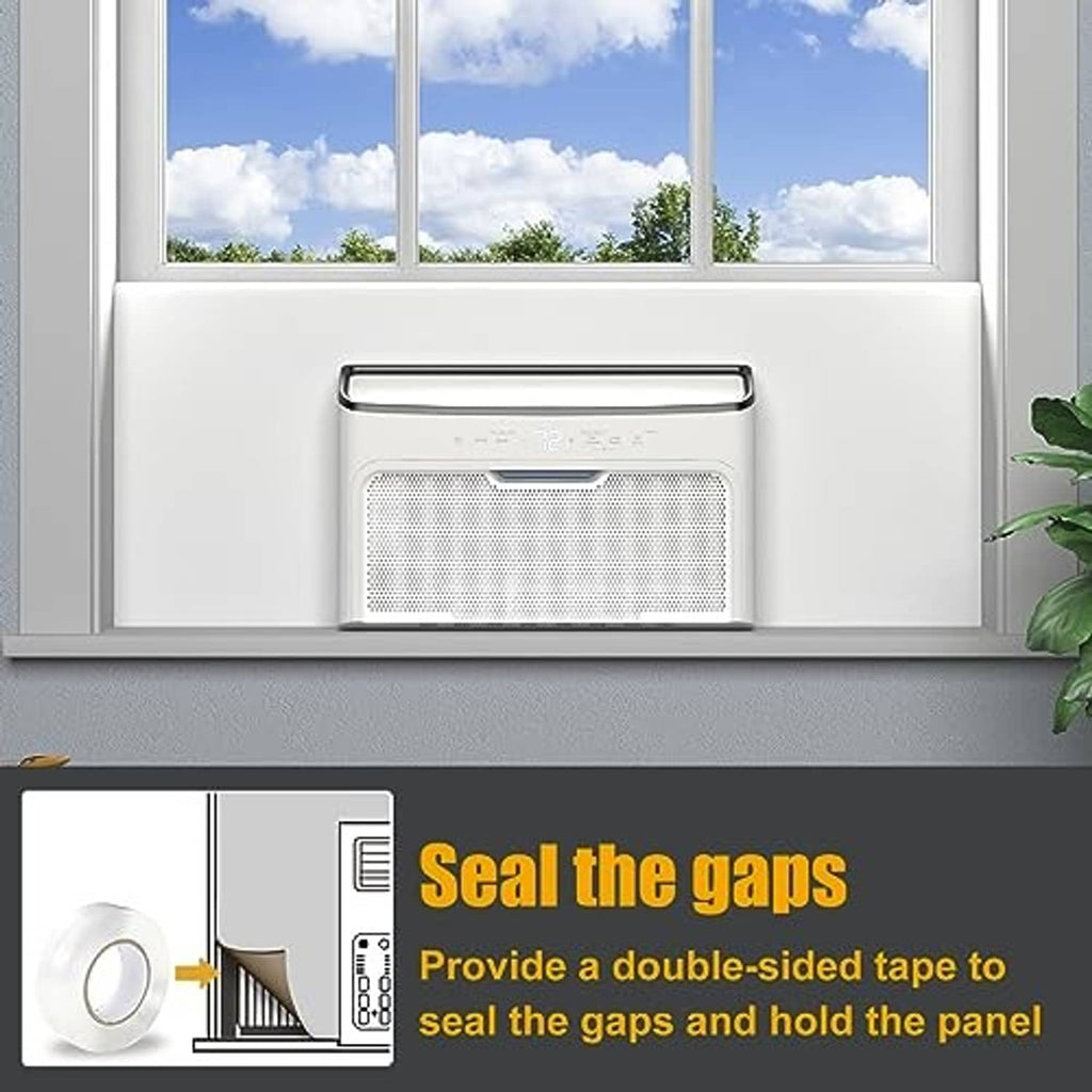 White foam side panel fitted around AC unit in window with sealing tape