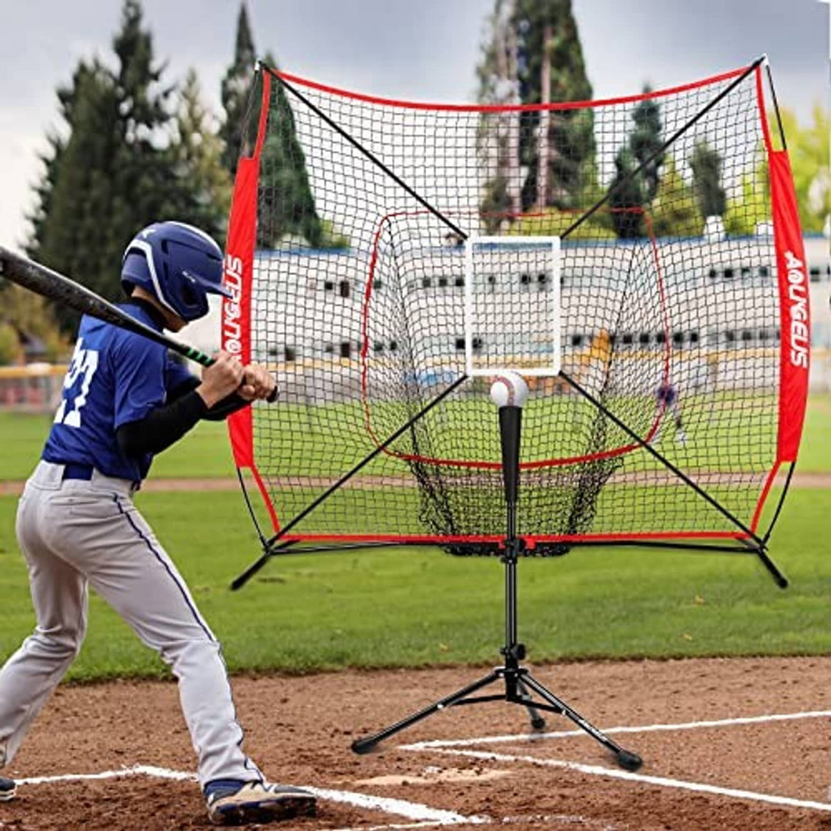 Baseball practice net with red frame, black poles, and strike zone target for outdoor drills