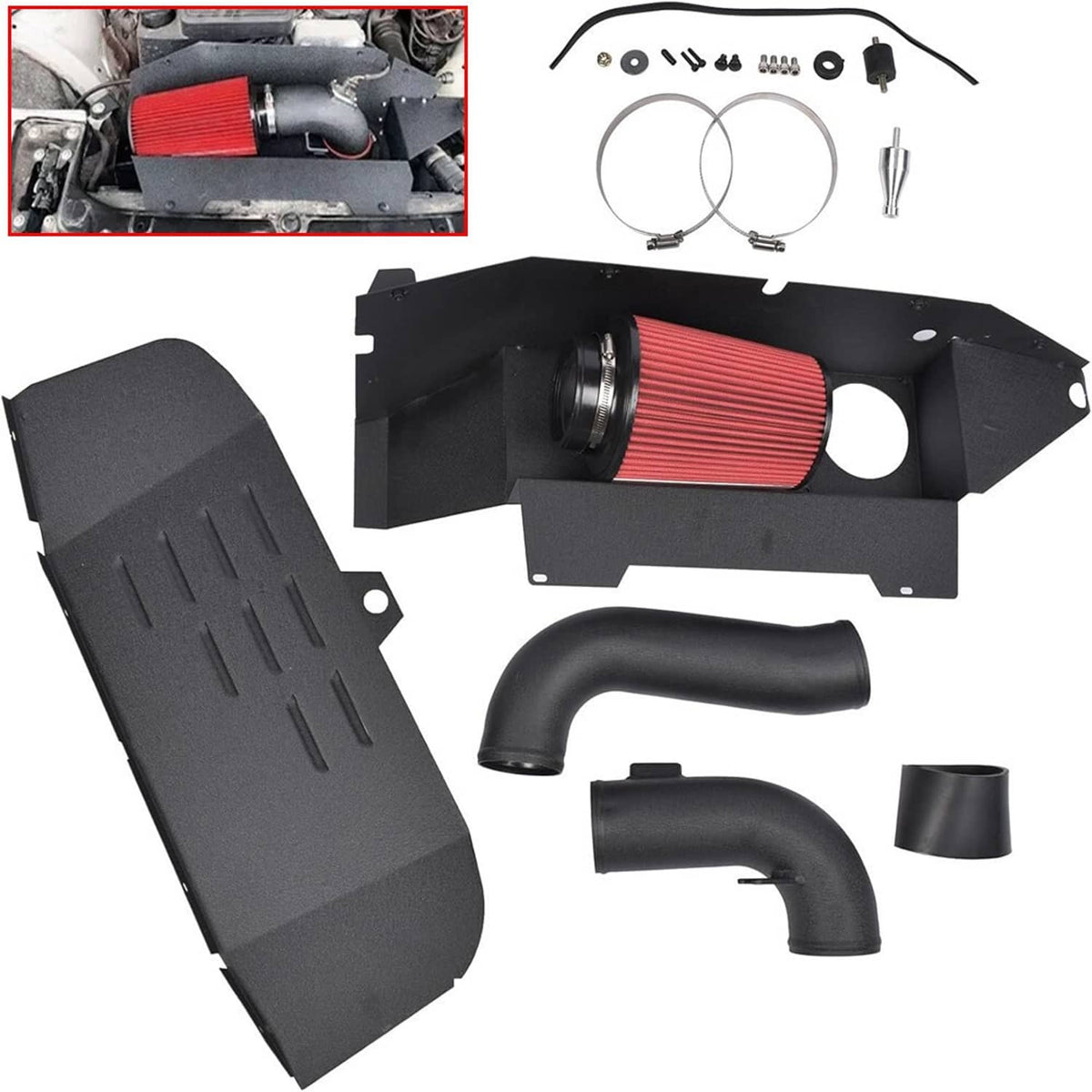 Cold air intake kit parts with black heat shield and intake hoses plus red air filter