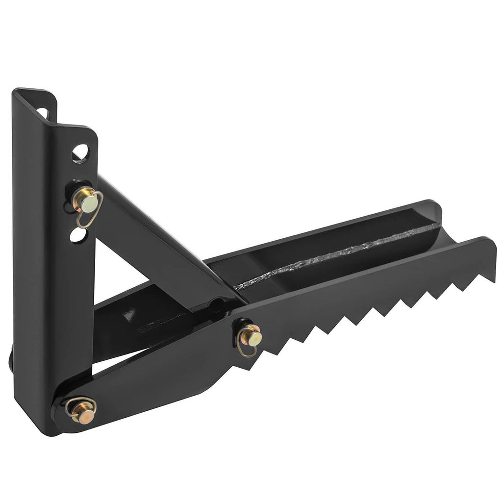 Black excavator thumb claw attachment, close-up of toothed steel cutting edge