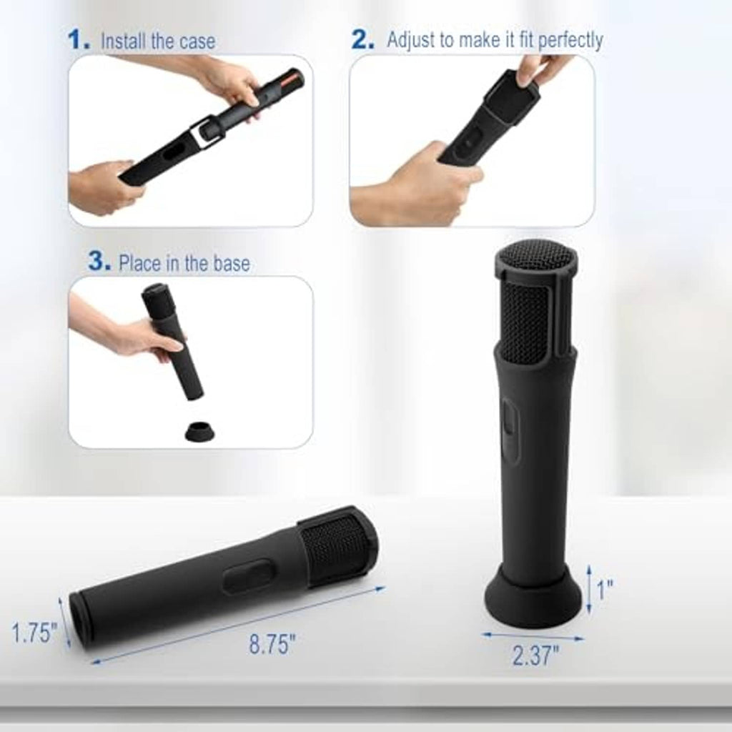 Black silicone microphone case kit showing installation and adjustable fit on handheld mic