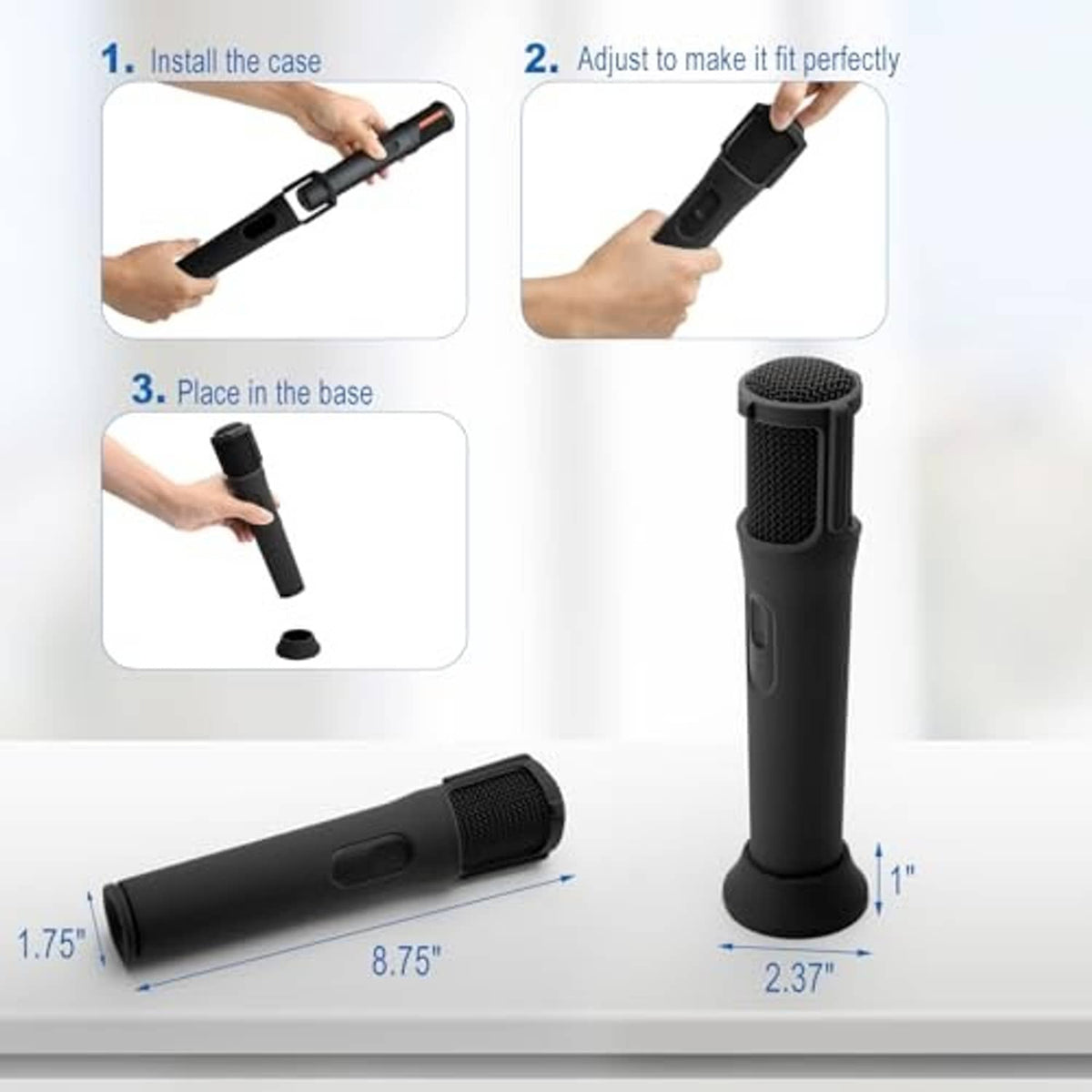 Black silicone microphone case kit showing installation and adjustable fit on handheld mic