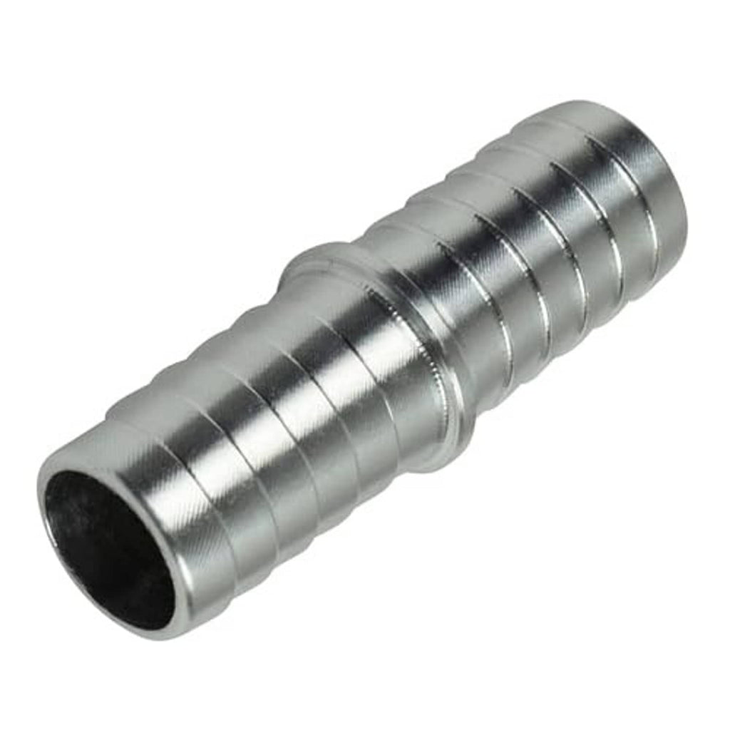 Hose barb splice coupler adapter, silver metal fitting with ribbed surface