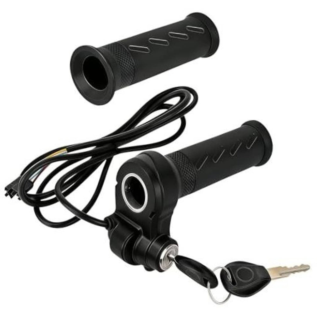 Black full twist throttle grip with wire harness and two keys on white.