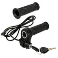 Black full twist throttle grip with wire harness and two keys on white.