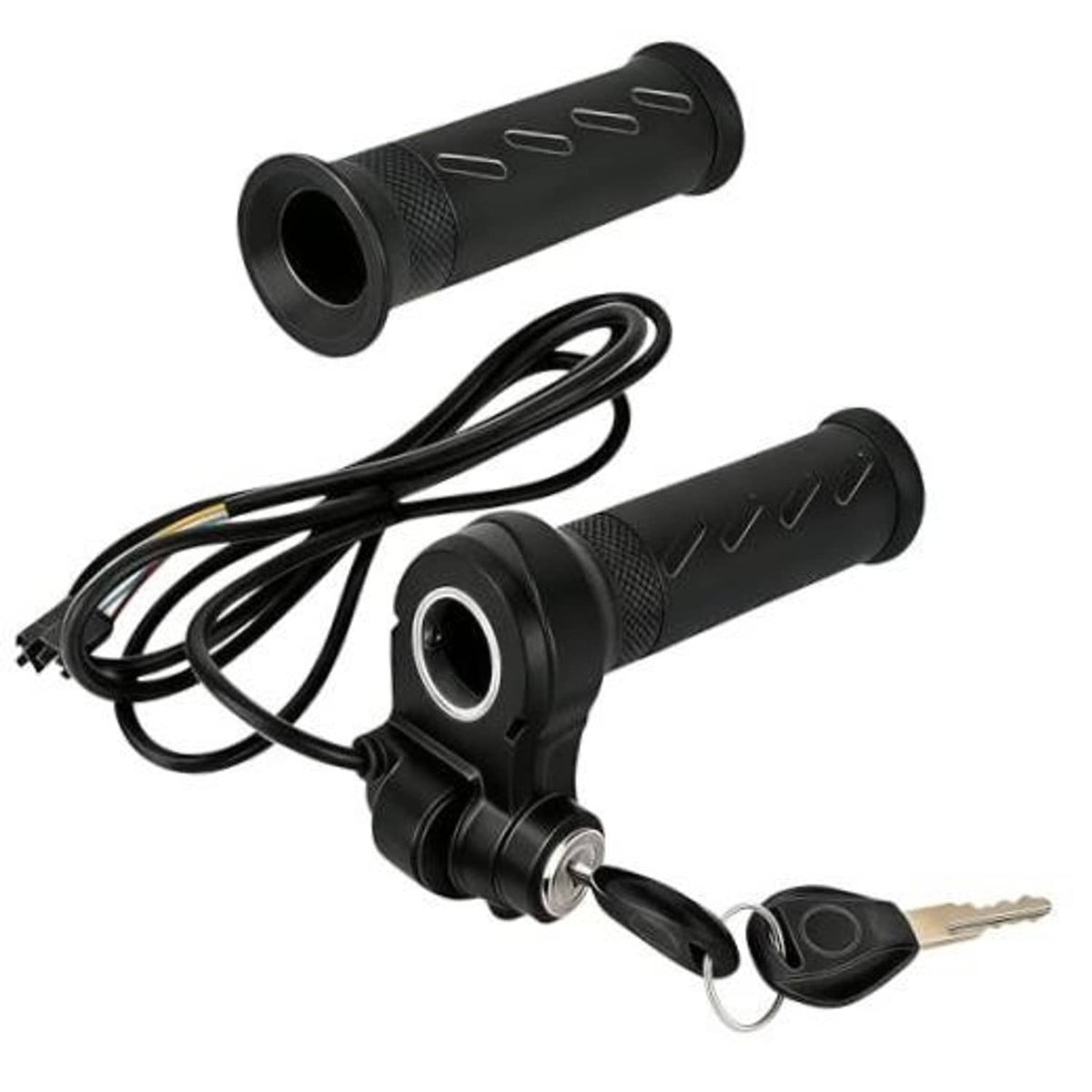 Black full twist throttle grip with wire harness and two keys on white.