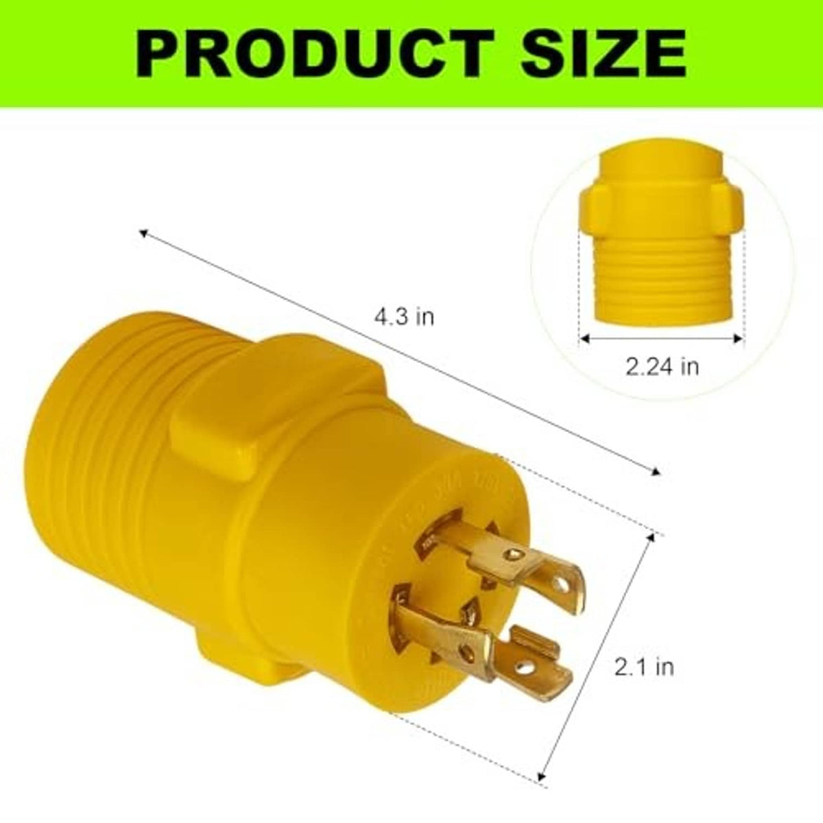 Yellow 4-prong male RV generator adapter plug, product size close-up