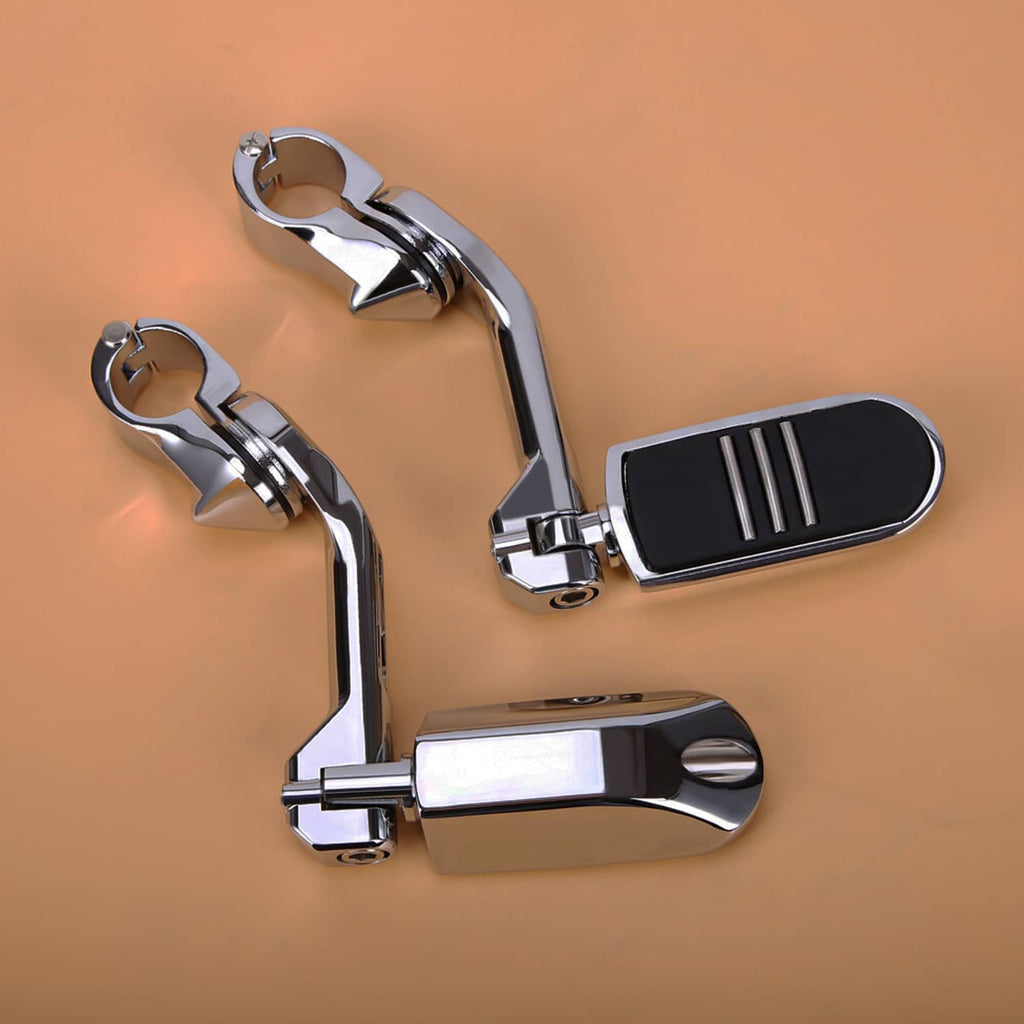 Chrome motorcycle foot pegs with black rubber pads and bracket mounting loops
