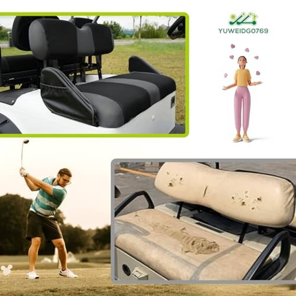 Golf cart seat cushion covers installed, black outer sections with gray center inserts
