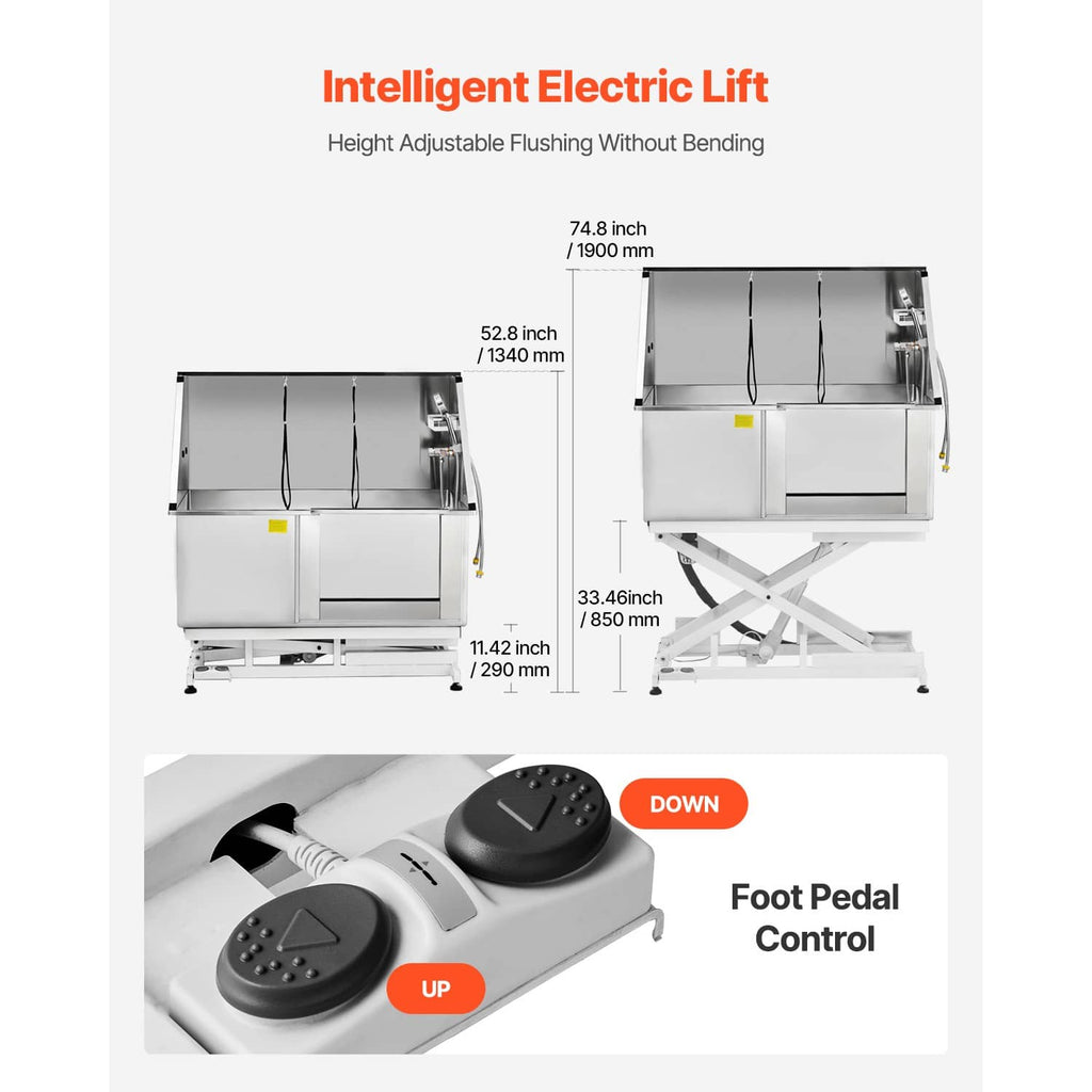 Electric lift pet grooming bath tub with base frame and foot pedal control