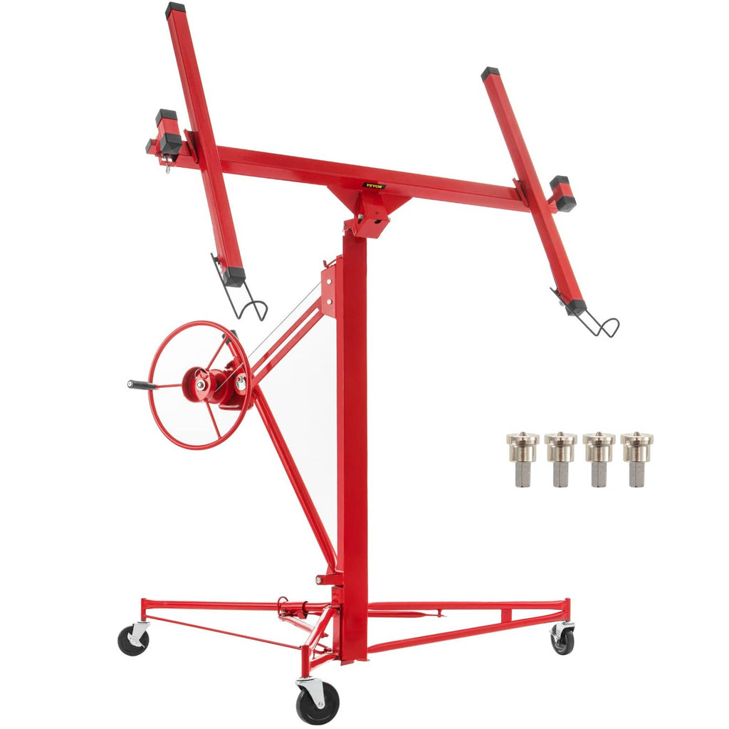 Red drywall lifter hoist with crank wheel, overhead frame arms, and included hardware