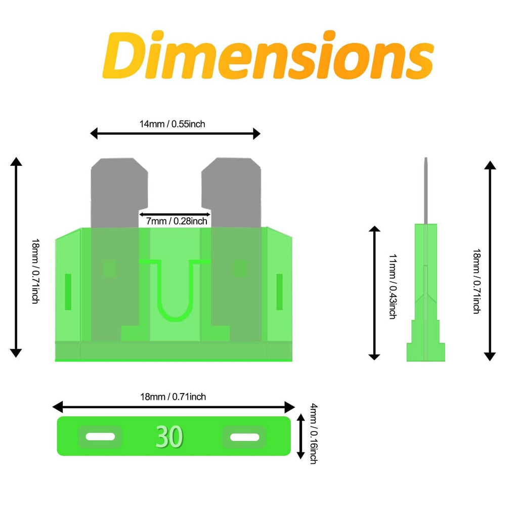 Green standard blade fuse with measurement callouts showing approximate dimensions