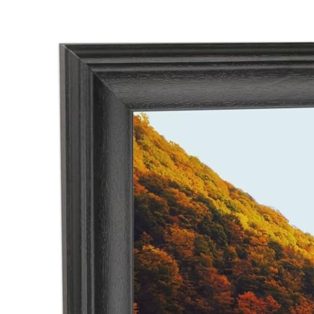 Close-up of black solid wood picture frame corner with a fitted glass opening.