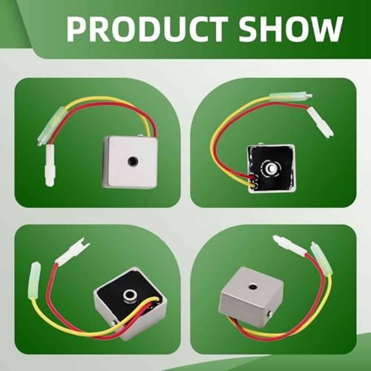 Voltage regulator module set with square housing and red/yellow/green wire leads