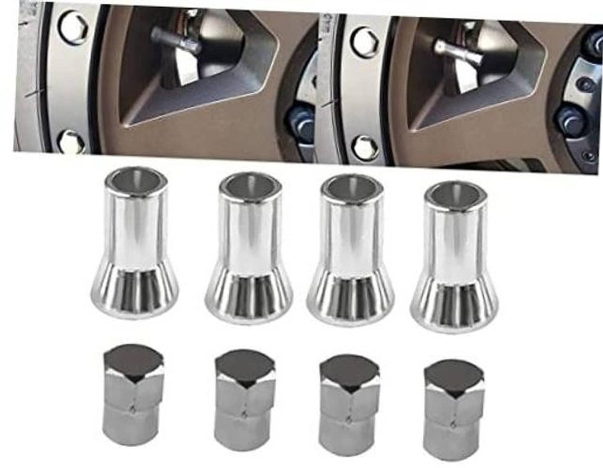 Chrome TPMS valve stem sleeve covers and caps set, four sleeves and four caps