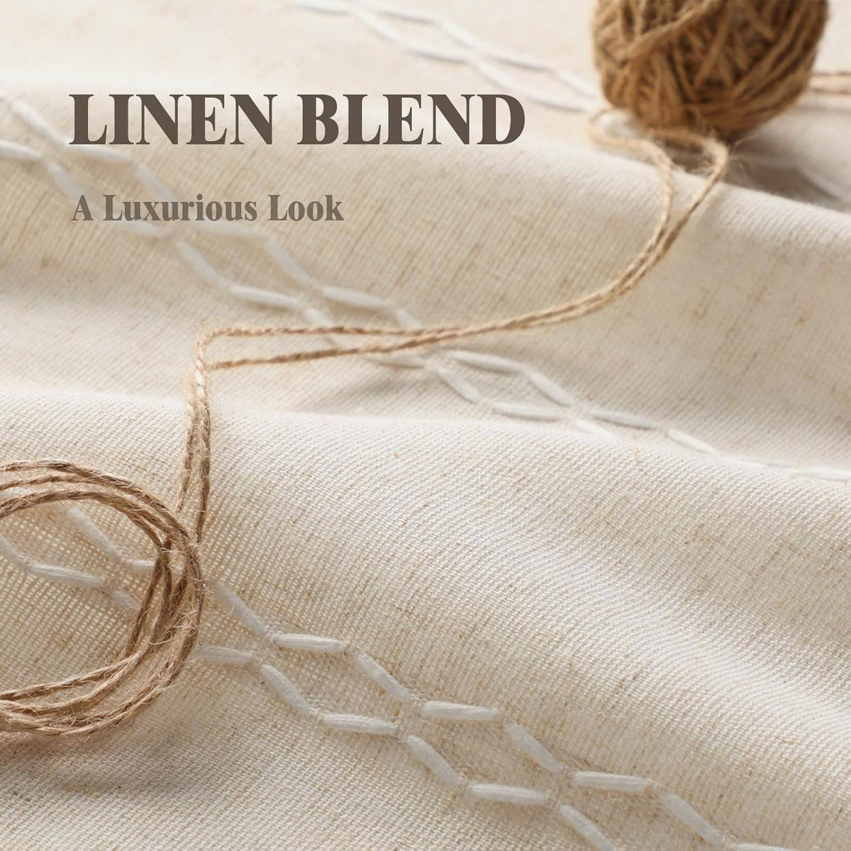 Beige linen-blend curtain fabric with woven diamond pattern and fringe yarn accents