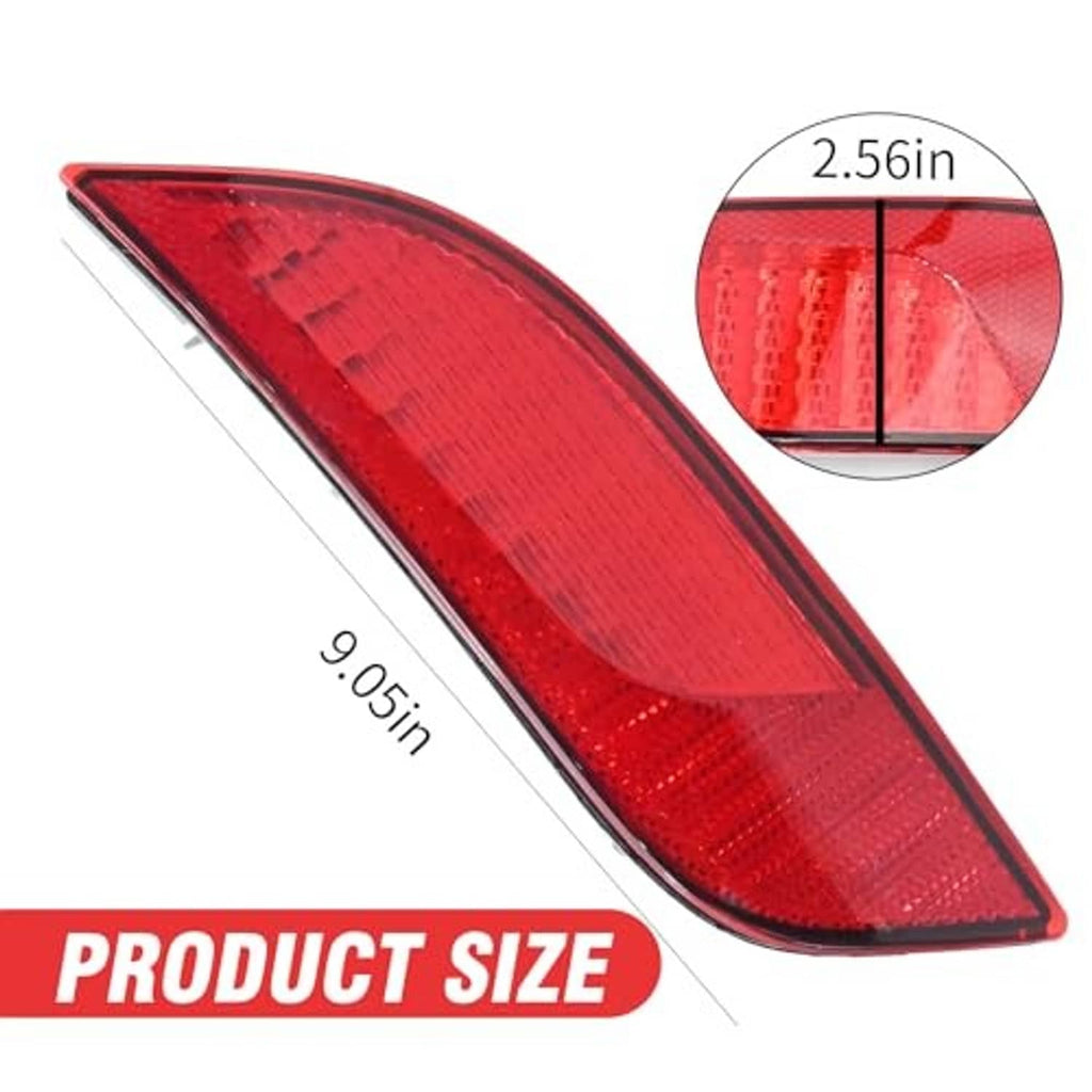Red left-side rear bumper reflector light lens shown with size measurement diagram