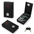 Black metal portable money box with key lock and round key slot