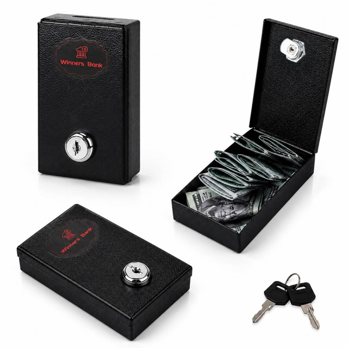 Black metal portable money box with key lock and round key slot