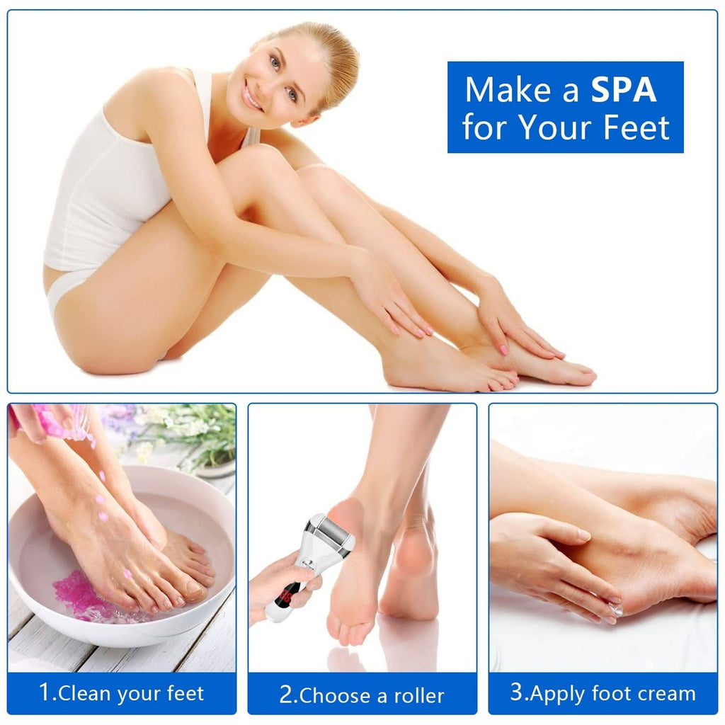 White foot callus remover used on feet for at-home foot care