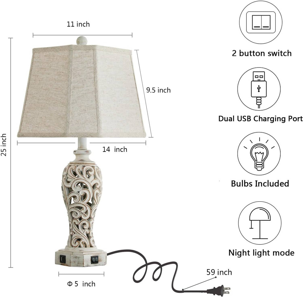 Set of 2 rustic table lamps with linen shade, carved base, and dual USB charging ports
